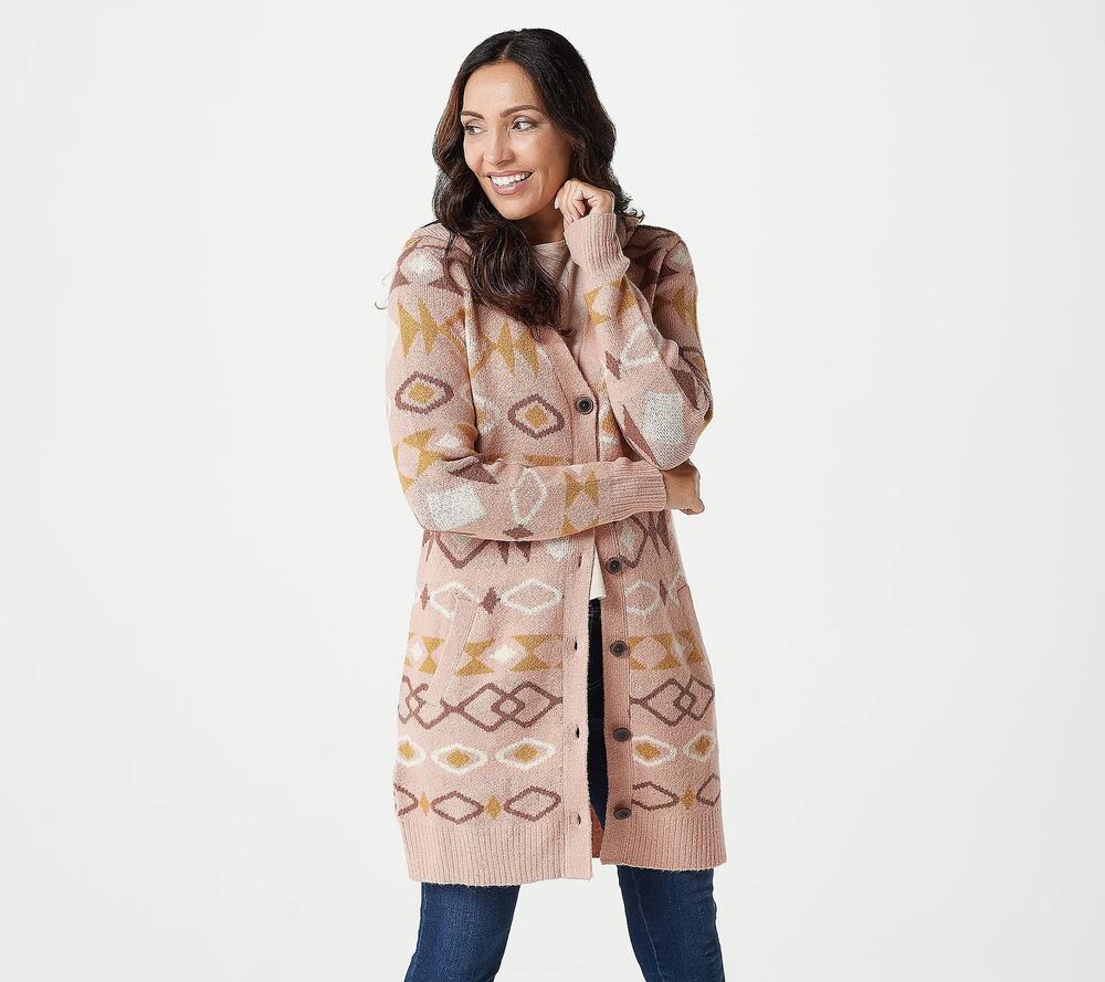 Denim&Co Jacquard Button Front Sweater Cardigan Misty Rose XS New